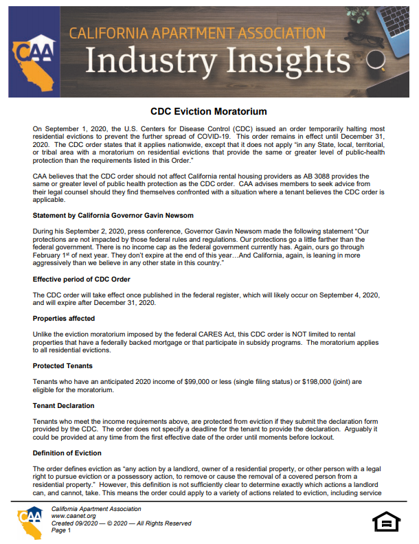 Preview of the first page of Industry Insight - CDC Eviction Moratorium