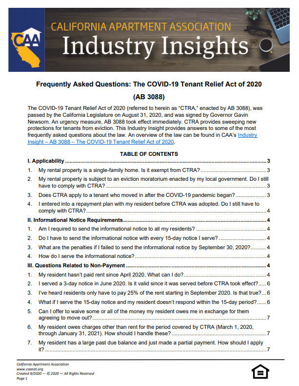 Preview of the first page of Frequently Asked Questions: The COVID-19 Tenant Relief Act of 2020 (AB 3088)