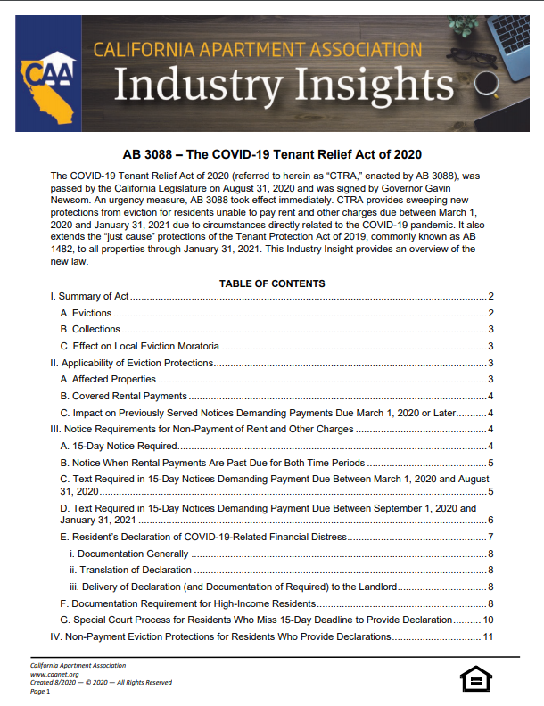 Preview of the first page of Industry Insight - AB 3088 – The COVID-19 Tenant Relief Act of 2020