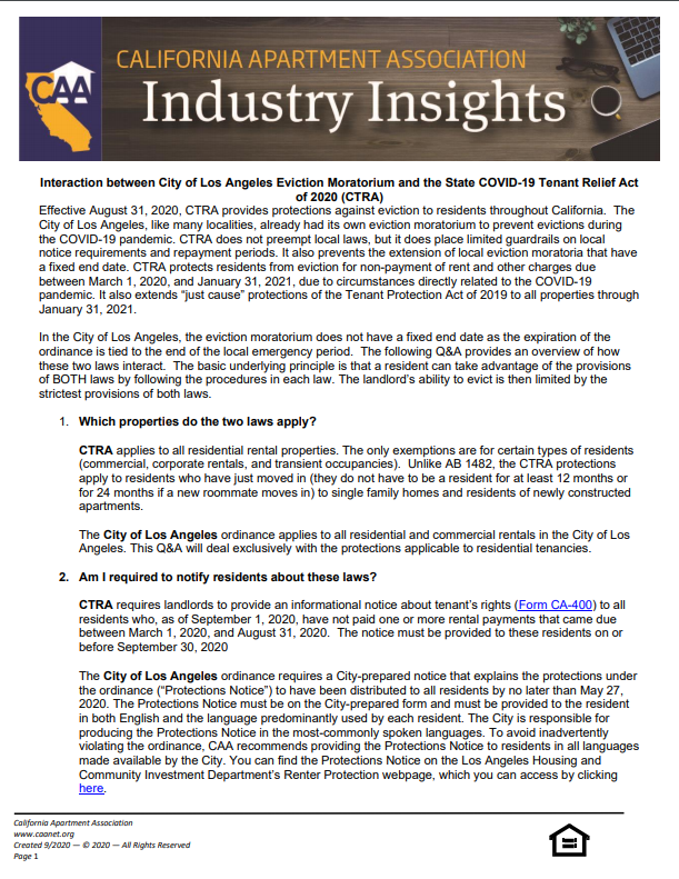 Preview of the first page Industry insight paper of interaction between the City of Los Angeles Eviction Moratorium and the State COVID-19 Tenant Relief Act (CTRA).