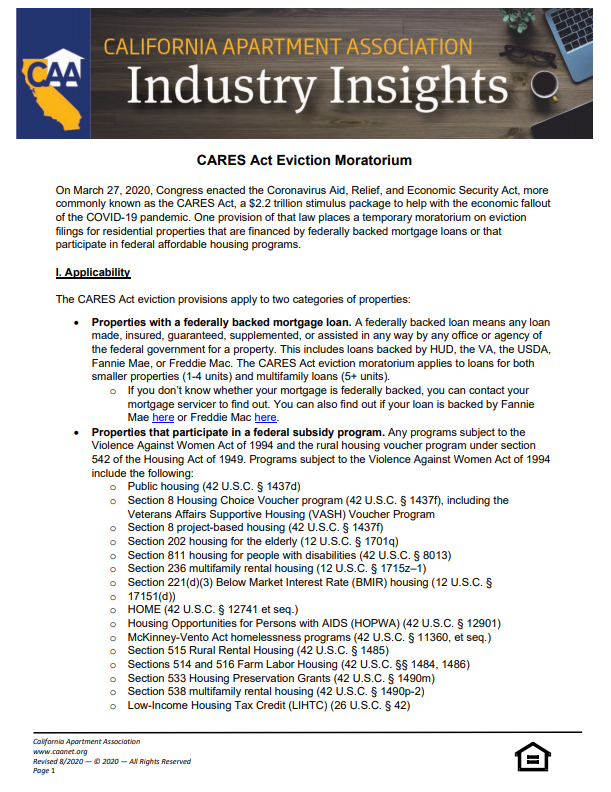 Preview of the first page of Industry Insight - CARES Act Federal Eviction Moratorium