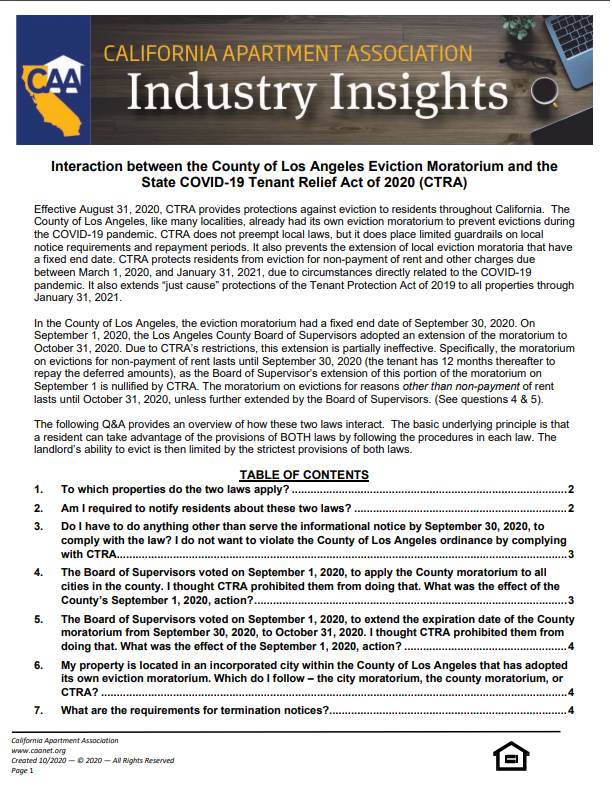 Preview of the first page Industry insight paper of interaction between the County of Los Angeles Eviction Moratorium and the State COVID-19 Tenant Relief Act (CTRA).