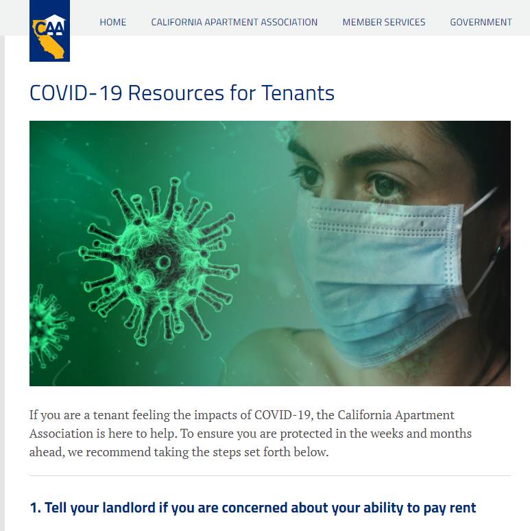 Preview of COVID-19 Resources for tenants webpage