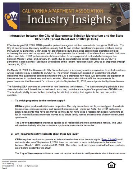 Preview of the first page Industry insight paper of interaction between the City of Sacramento Eviction Moratorium and the State COVID-19 Tenant Relief Act (CTRA).