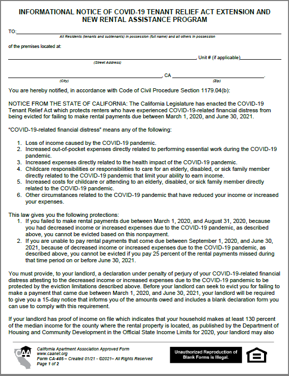 Preview of the first page of form CA-405 - Informational Notice of COVID-19 Tenant Relief Act Extension and New Rental Assistance Program