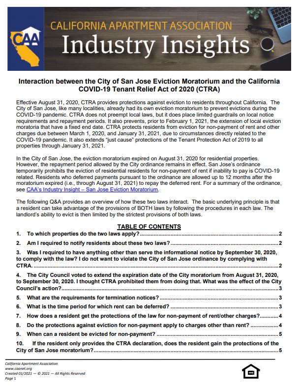 Preview of the first page Industry insight paper of interaction between the City of San Jose Eviction Moratorium and the State COVID-19 Tenant Relief Act (CTRA)