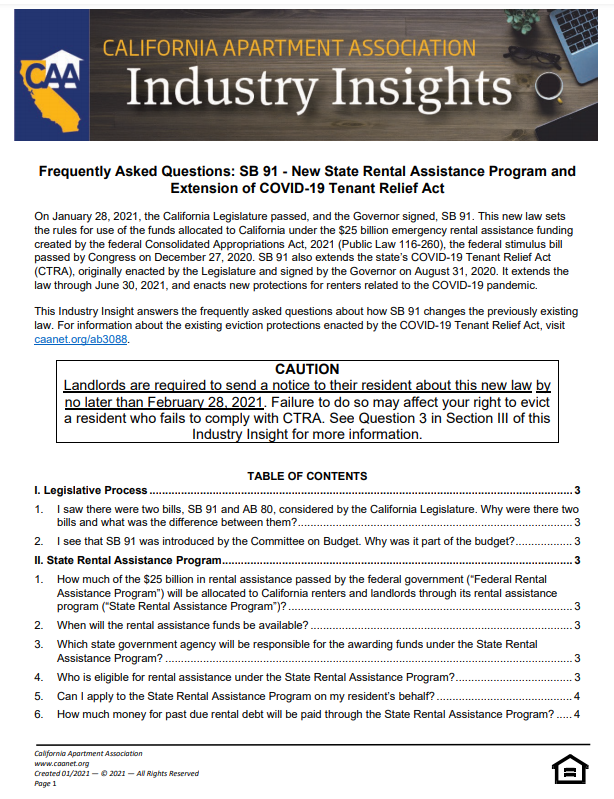 Preview of CAA’s Industry Insight - Frequently Asked Questions: SB 91 - New State Rental Assistance Program and Extension of COVID-19 Tenant Relief Act